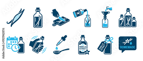 Homemade vanilla extract making process icon set illustrating a step-by-step recipe guide for creating the culinary flavoring from bean pods and alcohol