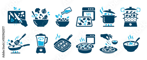 Collection of blue food preparation icons illustrating various cooking methods such as chopping, frying, steaming, baking, and blending for healthy vegetarian meal recipes
