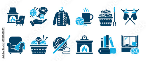 Set of blue hygge themed icons representing cozy winter activities and home comforts like knitting, fireplace, and hot drinks in a flat glyph style