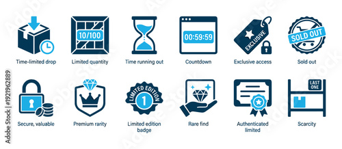 Collection of blue scarcity and urgency icons for e-commerce, showing limited edition, sold out, exclusive access, and countdown timer symbols for marketing and promotion