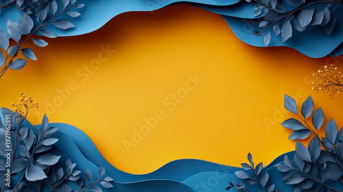 Vibrant Orange Background with Modern Layered Blue Wavy Shapes and Elegant Dusty Blue Botanical Elements, Creating Stylish Paper Cut Nature-Inspired Frame for Creative Design