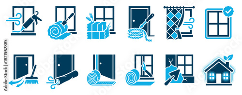 Home weatherproofing and insulation icon set showing window sealing, door draft proofing, crack repair, and energy efficiency symbols for home improvement concepts