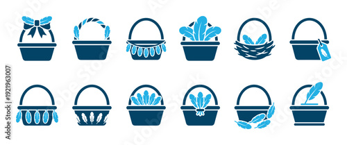 Set of blue basket icons decorated with feathers, bows, and nests in a simple flat graphic style, representing concepts of softness, comfort, and gentle care for design projects
