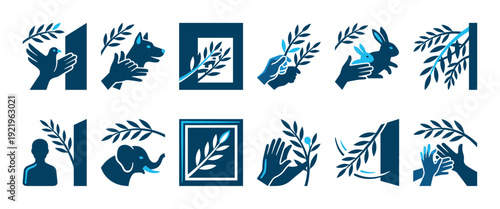Blue minimalist icon set with symbolic illustrations of peace, animal rights, and environmental care featuring hands, olive branches, and wildlife