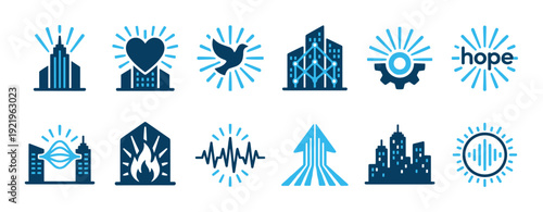 Set of modern blue two-tone icons for business and community, featuring symbols of hope, smart city, progress, love, and resilience in a clean flat vector style