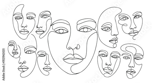Abstract continuous line art drawing of multiple minimalist human faces in a modern artistic style.