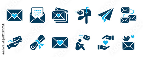 Collection of blue mail and communication icons including envelopes, letters, a mailbox, and hearts, representing love letters, correspondence, and messaging in a flat vector style