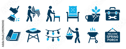 Set of blue spring porch icons showing cleaning, decorating, and outdoor living activities like sweeping, gardening, and grilling in a simple flat vector style
