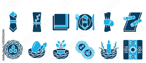 Set of Easter table setting glyph icons featuring folded napkins, bird nests with eggs, cutlery, and holiday decorations in a modern two-tone blue color scheme