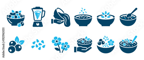 Set of blue smoothie bowl icons showing recipe steps for making a healthy breakfast, from blending berries to adding granola and flower toppings in a minimalist flat vector style