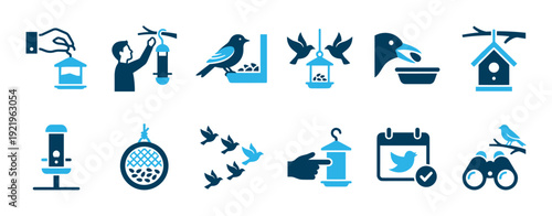 Bird feeding and birdwatching icon set collection showing various feeders, birds, a person, binoculars, and a birdhouse in a flat, two-color minimalist graphic style