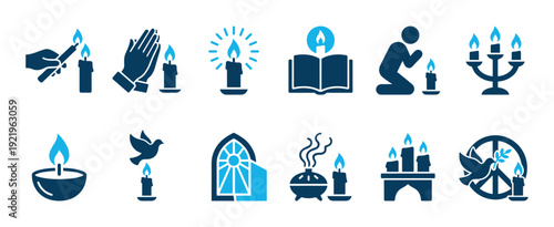 Blue religious and spiritual icon set with candles, praying hands, a holy book, and a dove representing faith, peace, and remembrance in a clean vector graphic style