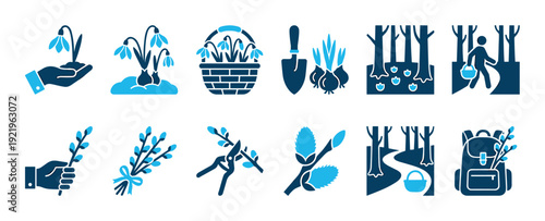 Collection of blue glyph icons representing spring themes like gardening, foraging for snowdrops, and collecting pussy willow branches in a minimalist two-tone graphic design set