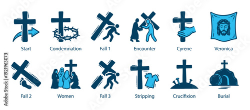 Stations of the Cross icon set with twelve blue minimalist symbols depicting the Passion of Christ, illustrating the Via Dolorosa from condemnation to burial in a simple style