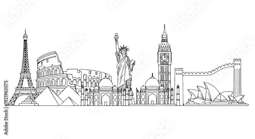 A detailed line art illustration of famous world landmarks and global travel destinations.