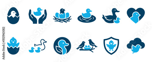 Collection of blue bird, chick, and duckling icons representing concepts of new life, family, care, and protection, presented in a clean and minimalist graphic design