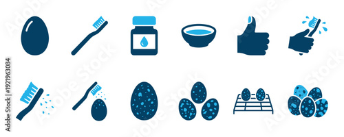 Collection of blue egg dyeing icons showing the process of decorating with a toothbrush, paint, and a drying rack for a creative holiday craft activity in a flat graphic style