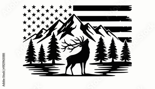 Elk with American Flag – Patriotic Wildlife Illustration