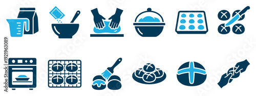 Set of blue baking icons showing the step-by-step process of making traditional hot cross buns from scratch, including mixing, kneading, proofing, baking, and glazing