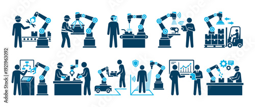 Industrial automation and robotics icon set showing workers collaborating with machines on an assembly line, manufacturing, logistics, and production process control in a smart factory