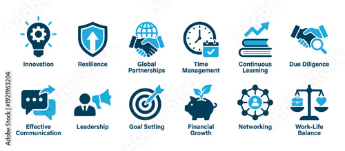 Collection of blue business concept icons representing professional skills like innovation, resilience, leadership, and time management in a modern flat vector graphic illustration set