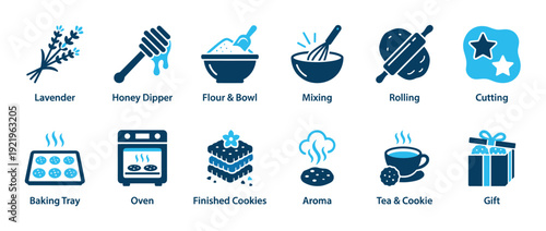 Blue vector icon set illustrating the cookie baking process from ingredients to finished gift, showing lavender, honey, flour, mixing, rolling, cutting, and baking steps