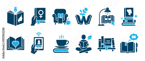Set of twelve blue two-tone icons representing women's literature, reading, and storytelling themes like feminism, education, and cozy hobbies with books, e-readers, and coffee
