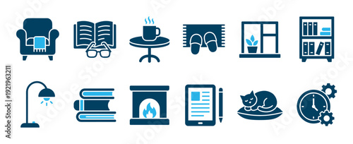 Set of blue hygge themed icons representing home comfort and relaxation, including an armchair, book, fireplace, sleeping cat, and hot drink for a cozy evening indoors
