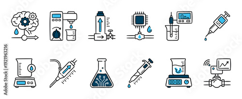 Collection of science and technology icons in a hand-drawn line art style, illustrating laboratory equipment, automation processes, and fluid dynamics symbols for research and development