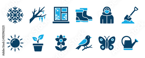 Set of twelve winter and spring icons showing the changing seasons with symbols like a snowflake, sun, flower, and butterfly in a minimalist two-color graphic style