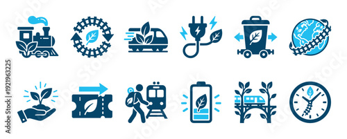 Green railway transportation glyph icon collection featuring sustainable travel, electric trains, biofuel, recycling, and ecological tourism pictograms
