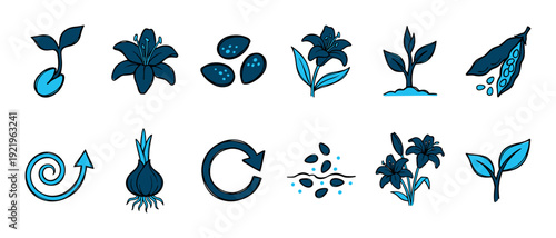 Collection of blue plant and gardening icons in a hand-drawn doodle style showing sprouts, seeds, lily flowers, bulbs, and growth cycle symbols for botanical concepts