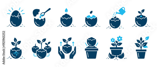 Plant growth icons showing the life cycle from a seed in an eggshell to a mature potted plant, a metaphor for business development, investment, and success