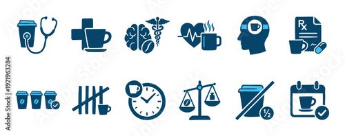 Set of blue hand-drawn icons illustrating the relationship between coffee consumption and health, including medical symbols, brain activity, and daily routine pictograms