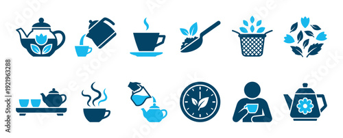 Set of blue and navy tea icons showing the process of brewing, pouring, and drinking hot beverages with teapots, cups, leaves, and infusers in a flat graphic style