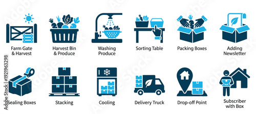Set of blue two-tone icons illustrating the farm-to-door delivery process for a fresh produce subscription box, showing harvesting, packing, cooling, and shipping steps