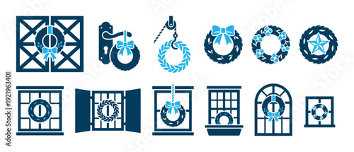 Collection of blue Christmas wreath icons showing festive decorations on doors, windows, gates, and hooks in a simple graphic vector illustration style for holiday design