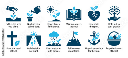 Collection of blue spiritual growth icons representing faith, hope, love, and perseverance with inspirational text captions for each symbol in a clean, minimalist vector style