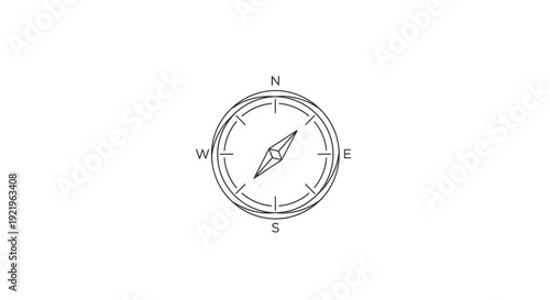 Classic navigation compass line art with cardinal directions, detailed outline on isolated white background, travel and exploration symbol.