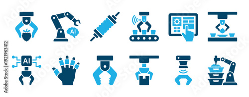 Set of blue two-tone icons representing robotic automation, industrial manufacturing, and artificial intelligence technology, featuring various grippers, arms, and conveyor systems
