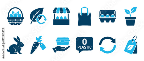 Set of blue eco-friendly icons representing zero waste, recycling, organic food, and sustainable living concepts in a clean, minimalist graphic style