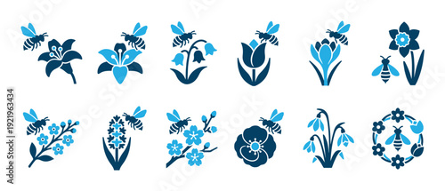 Set of blue floral icons with bees shows various spring flowers like tulips, lilies, and snowdrops in a minimalist graphic style for nature-themed design elements and symbols