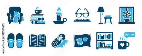 Set of blue two-color glyph icons representing me-time, relaxation, and cozy home activities like reading books, drinking tea, and enjoying comfort in a simple flat vector illustration