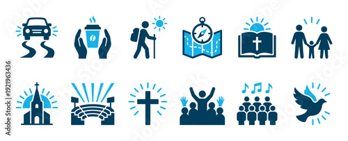 Collection of blue two-tone vector icons representing Christian faith, community, and lifestyle concepts like worship, travel, family, bible study, and praise