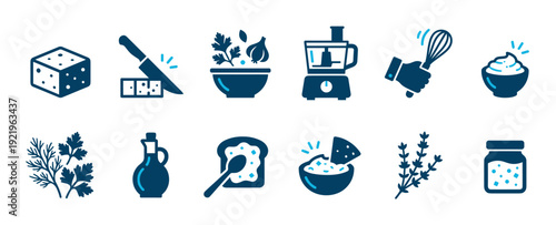 Blue food preparation and cooking icon set showing ingredients like cheese, herbs, and oil with kitchen tools such as a whisk and food processor in a minimalist flat style