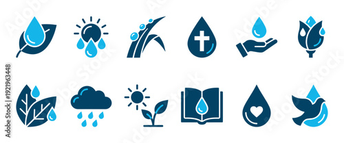 Blue and dark blue icon set symbolizing Christian faith, baptism, and salvation with nature elements like water, plants, a dove, and a cross for spiritual design concepts