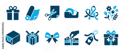 Collection of blue gift wrapping icons showing presents, bows, scissors, tape, and paper for holiday celebrations, designed in a clean, minimalist, and modern graphic style