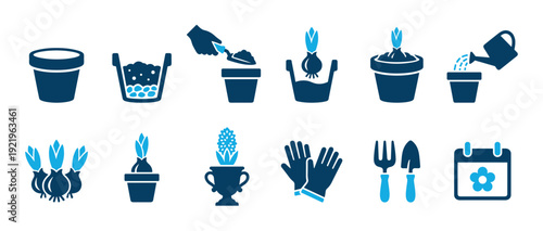 Gardening icon set showing the process of planting a hyacinth bulb in a pot, from soil and watering to blooming, including tools like gloves, a trowel, and a calendar