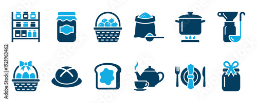 Set of twelve blue food and cooking icons representing homemade preserves, baking, breakfast, and pantry staples in a clean, modern vector illustration style