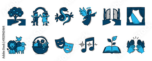 Set of blue and black religious icons depicting biblical stories and Christian symbols like an angel, snake, lion, lamb, and theatre masks for parables in a simple line art style